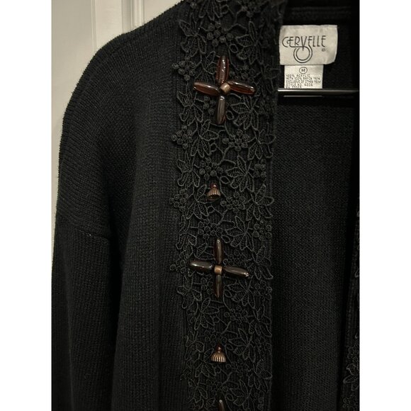 Black Open Front Cardigan Sweater Decorative Buttons Lace Trim Cervelle Sz Mediu - Picture 4 of 9